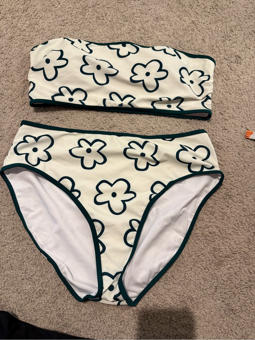 High-Waist Bandeau Bikini Set - Cream with Dark Green Floral Trim